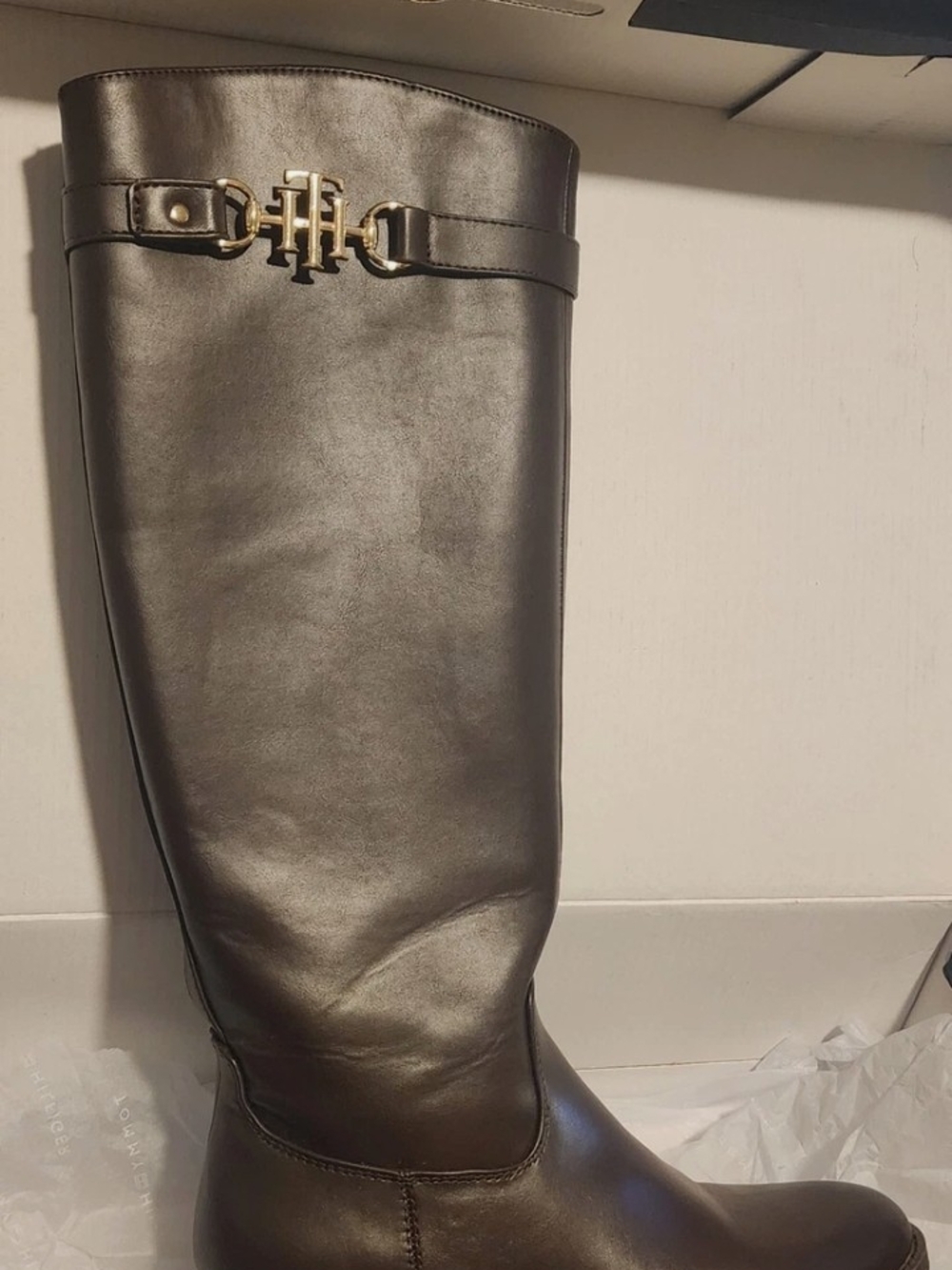 Tommy Hilfiger Metallic Brown Tall Riding Boots with Gold Hardware